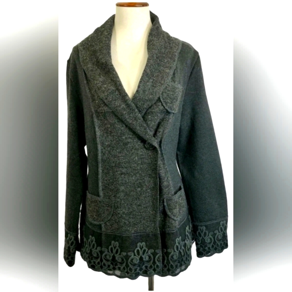 Through the Country Door sweater Cardigan Small charcoal Gray Lace Trim NWT